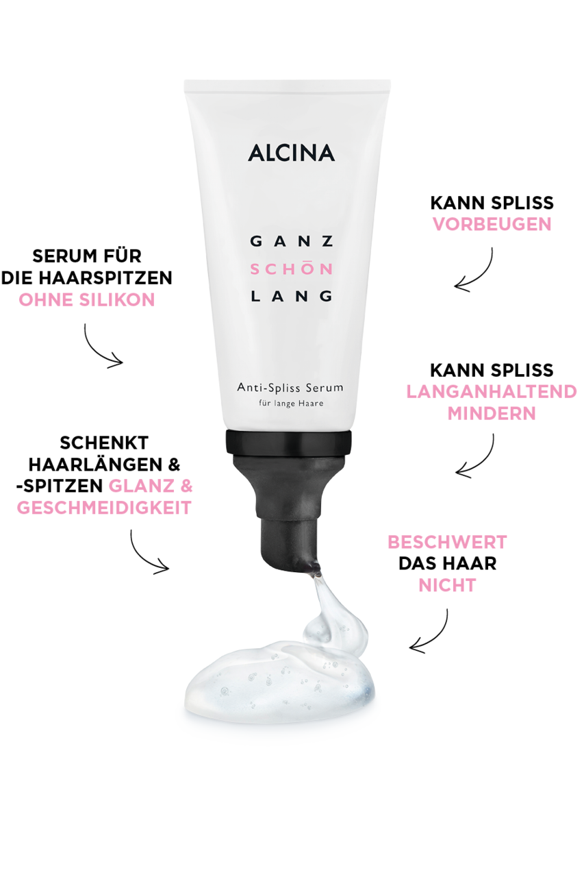 Tube ALCINA Anti-Spliss Serum dargestellt mit fünf Benefits des Produkts