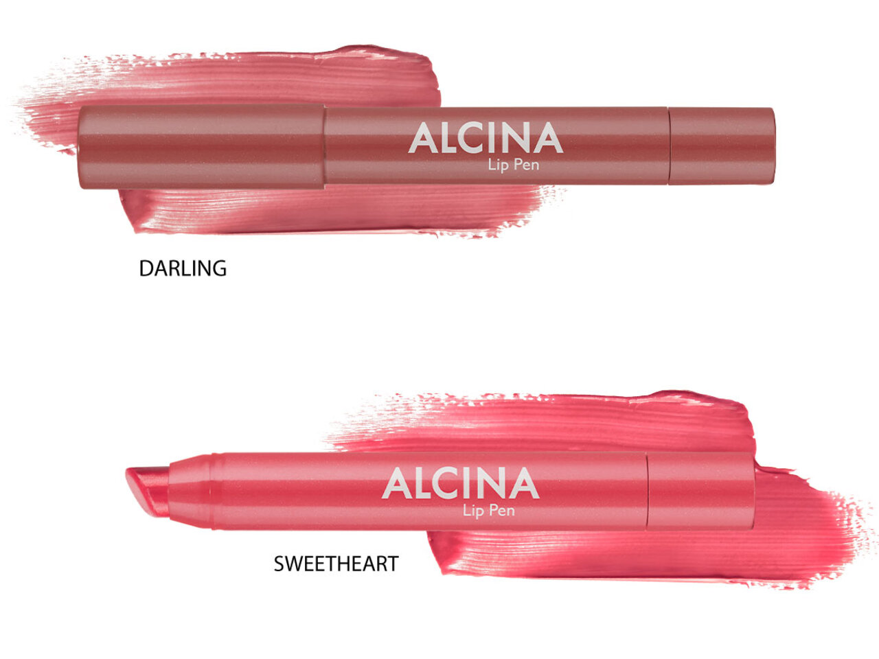 Abbildung der Alcina Lip Pens in den Nuancen Darling und Sweetheart inklusive Abrieb als Sinnbild für den Make-up Trend 2025 Glass Lips