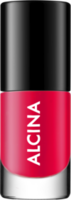 Nagellackflasche in der Farbe Raspberry Tart, ein leuchtendes Pink mit schwarzem Deckel und weißem ALCINA-Schriftzug